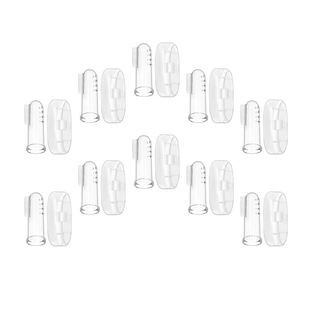JEWEDECO 10 Sets Finger Toothbrushes Food Grade Silicone Soft Bristle Oral Massager with Transparent Storage Cases for Newborns Teething Relief and Training