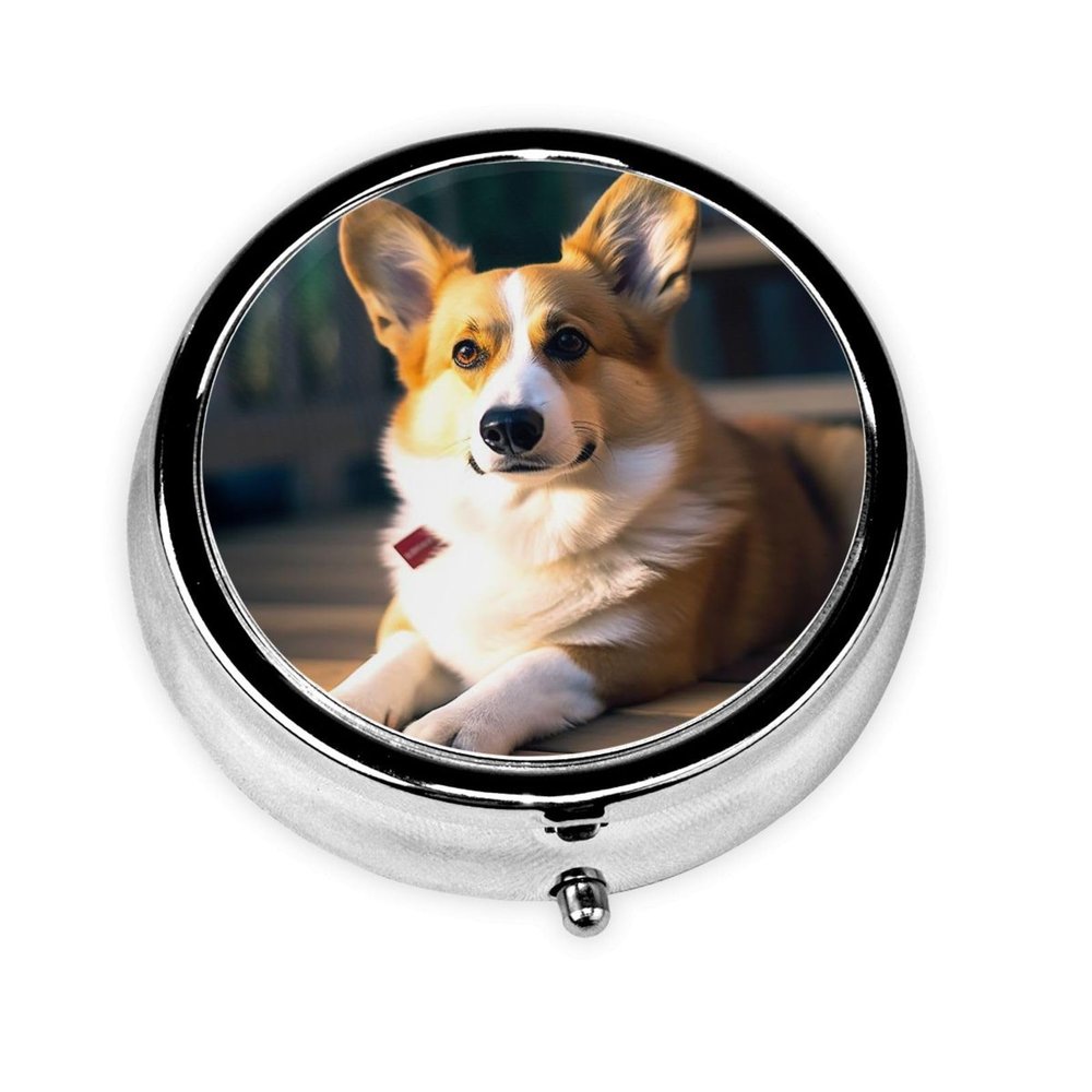 Pill Box Smart Corgi Round Pill Case Mini Metal Travel Pillbox for Purse Small Cute 3 Compartment Medicine Pill Organizer Portable Pill Container Holder for Daily Medicine Vitamin