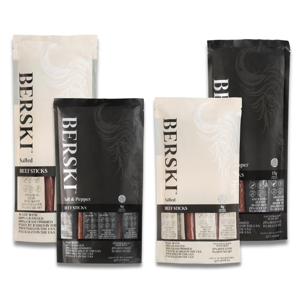 BERSKI Ultimate Bundle Salted + Salt & Pepper Beef Sticks 100% Grass-Fed, Grass-Finished Ancestral Blend w/Liver & Heart Keto, Paleo Regeneratively Raised USA Beef 4 Pack (1.9 & 1oz Sticks)