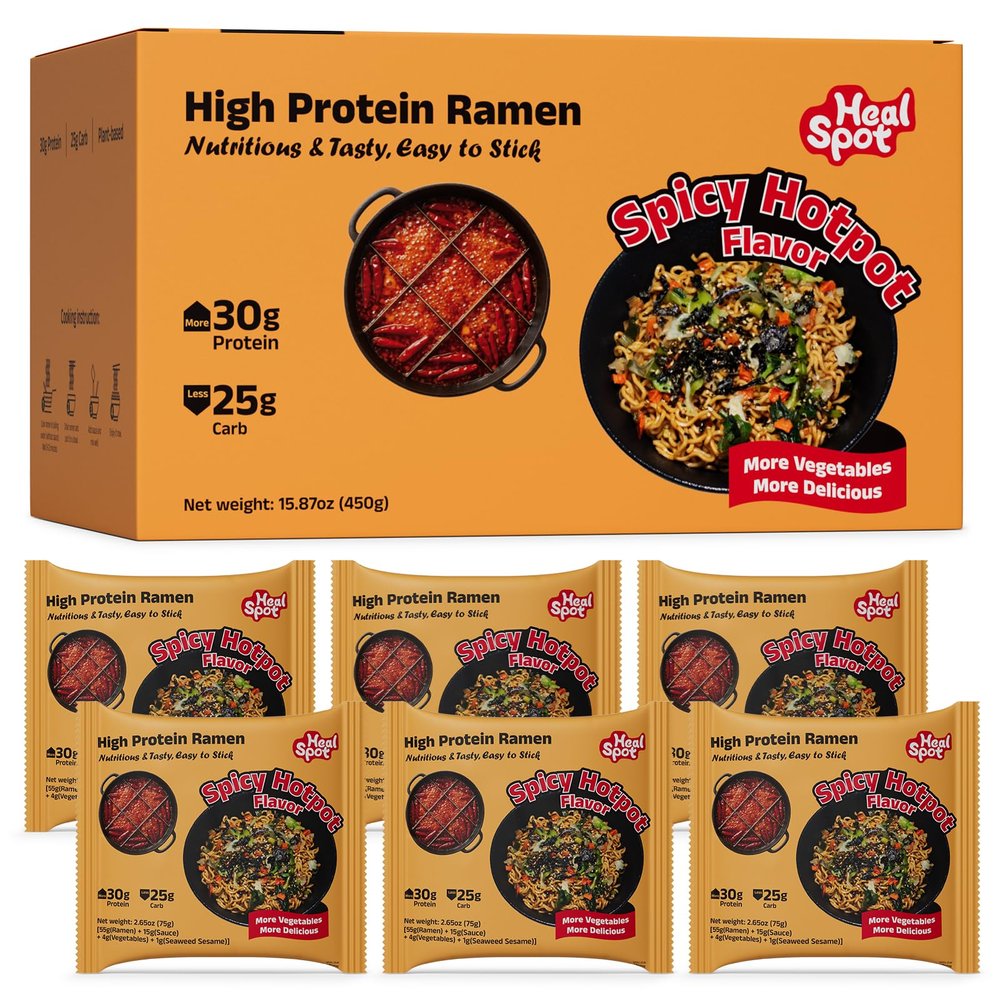 HealSpot High Protein Instant Ramen, 31g Plant Based Protein, Low Fat, Low Carb, Non GMO, Keto Friendly, Plant Based Dry Mixed Ramen, 6 Packs of Hot Pot Flavor
