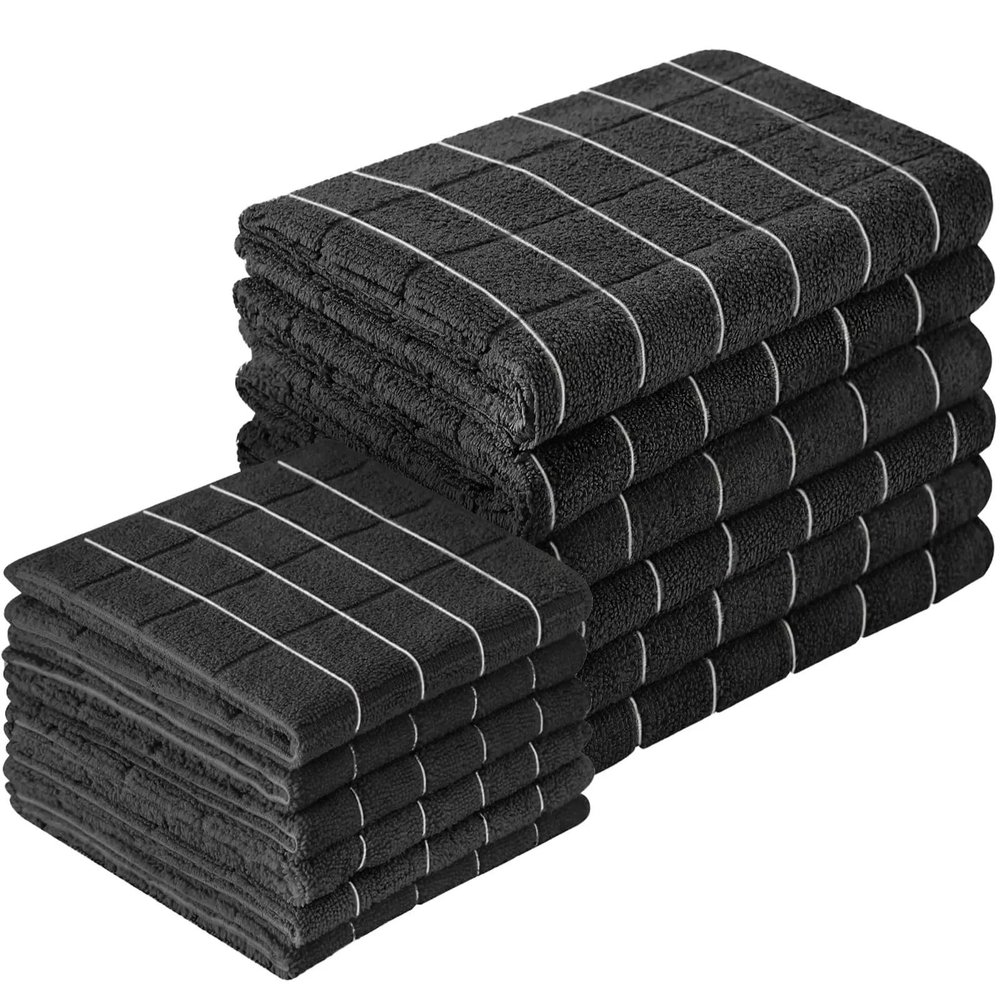 12-Piece Microfiber Kitchen Towels & Dishcloths Set - 26"x18" & 12"x12", Bulk Lint-Free for Drying Dishes(Black)