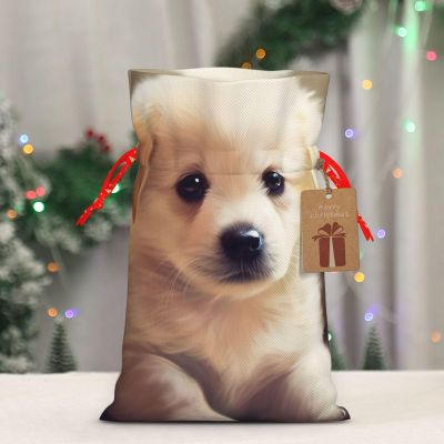 BWLHJKE Cute dog Christmas Gift Bag Burlap Xmas Drawstring Gift Sack with Tag & Tie, Small Christmas Bags for Gifts, Reusable Gift Wrapping Bag for Holiday Party Favors