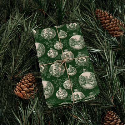 Green Toile Christmas Ornament Wrapping Paper, Traditional Gift Wrap Paper, Bulk Gift Wrap Roll, Vintage Green Wrapping Paper for Christmas Birthday Wedding, Packaging Papers For Baby Shower Party