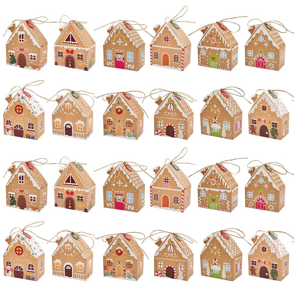 24PCS Christmas Boxes Paper Gingerbread House Empty Advent Calendar Boxes with Hanging Rope for Xmas Holiday Party Treat Cookie Snack Christmas