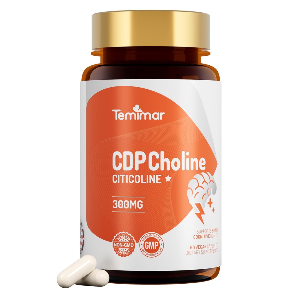 Temimar Citicoline (CDP Choline) 300mg, Choline Supplements for Brain Health & Cognitive Function Support, Made in USA, 60 Vegan Capsules