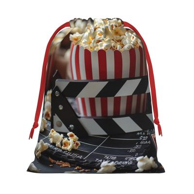 Christmas Drawstring Gift Bags Assorted Sizes Xmas Wrapping Bag Cinema Clapboard And Popcorn Gift Bags Holiday Gifts Wrap Packing Pouches Favors Bag for Christmas Candy Goodie Holiday Party Favors Small