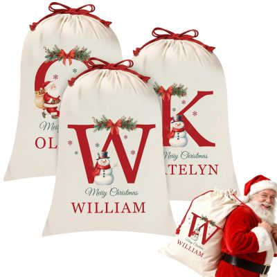 Duckbe Personalized Santa Bags with Initial & Name Custom Canvas Drawstring Santa Sacks for Family Christmas Party Gifts Sack for Men Women Children Small Medium Large Gifts Bag