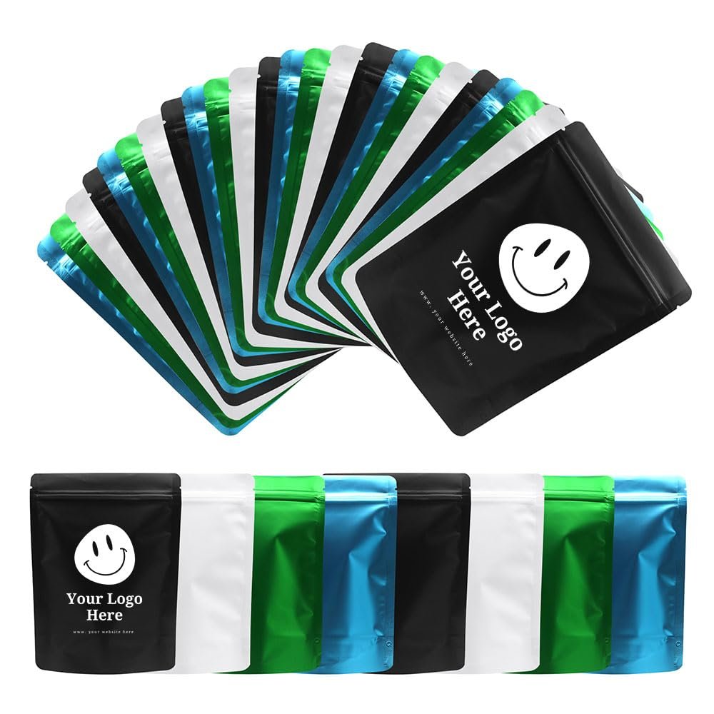 100 Custom Printed 1 Color Logo 28g 6 * 8" Heat Sealable Stand Up Food Safe Mylar Bags Resealable Zipper Pouch Smell-proof Foil Bag for Candies (Black,1 Color Logo Printed, Single Side Print)