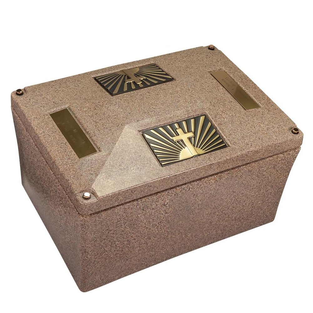 Champion XL Sandstone Urn Vault - Cross & Ray, Extra Large Urn Vault for Ground Burial, Holds Variety of Cremation Urn Sizes for Human Ashes, Durable and Secure for Cemetery Burial