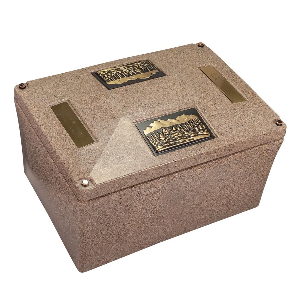 Champion XL Sandstone Urn Vault - Mountain Forest, Extra Large Urn Vault for Ground Burial, Holds Variety of Cremation Urn Sizes for Human Ashes, Durable and Secure for Cemetery Burial