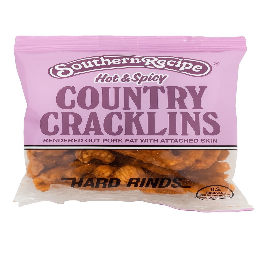Southern Recipe` Hot & Spicy Country Cracklins Purple Bag, Hard Rinds, Rendered Out Pork Fat with Attached Skin, Riega Snacks (2 Ounce (Pack of 3), Hot & Spicy)