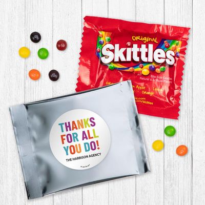 12 Pack Thanks For All You Do Personalized Candy Favor Bags Filled With Coated Fruit Chew Minis For Corporate Favors, Event Giveaways, Thank You Gifts & More - Silver