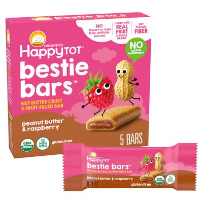 Happy Tot Organics Bestie Bars Nut Butter Crust & Fruit-Filled Snack Bars, Organic Toddler Snacks with Gut-Friendly Fiber, Peanut Butter & Raspberry, 6 Boxes (5 Bars Each)