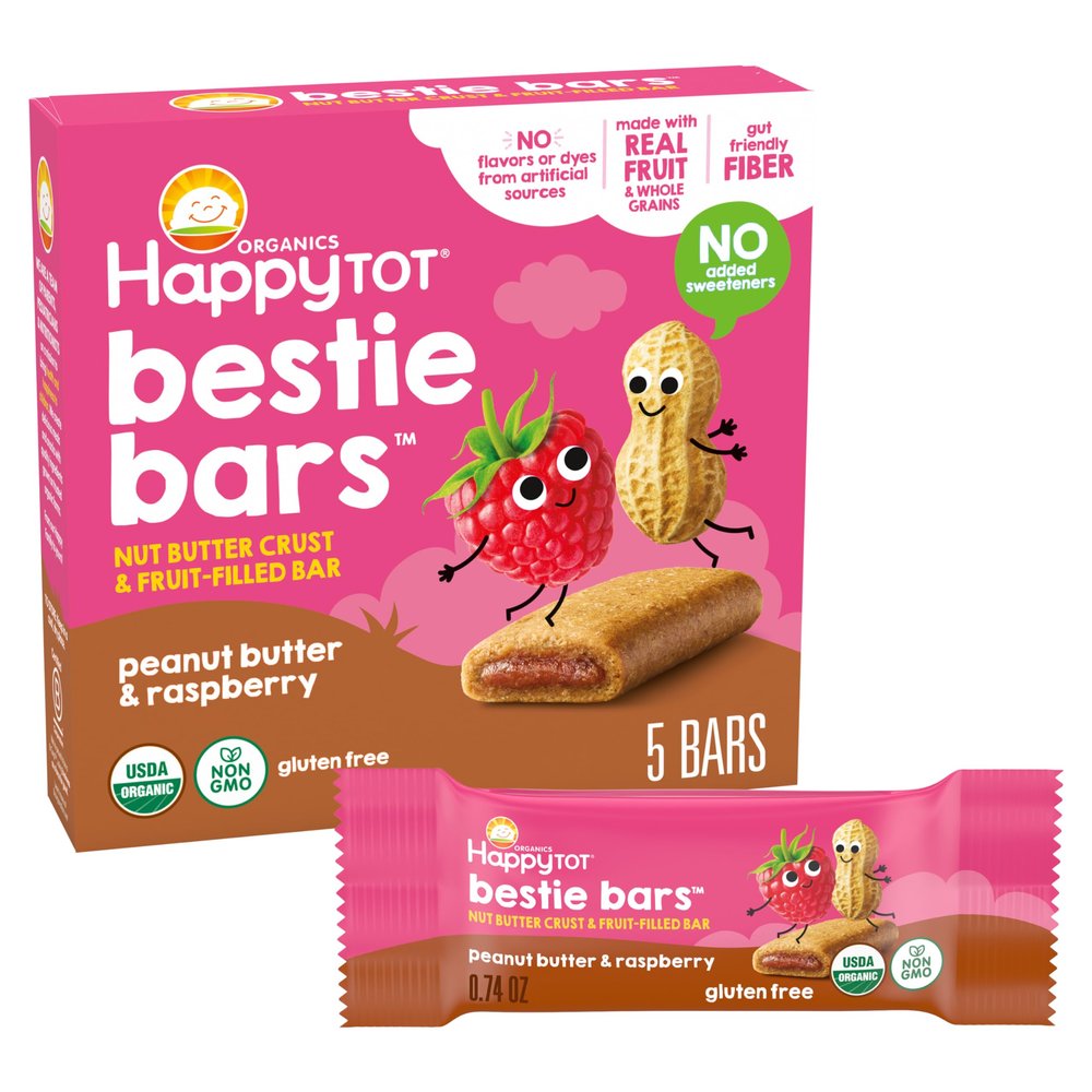 Happy Tot Organics Bestie Bars Nut Butter Crust & Fruit-Filled Snack Bars, Organic Toddler Snacks with Gut-Friendly Fiber, Peanut Butter & Raspberry, 6 Boxes (5 Bars Each)