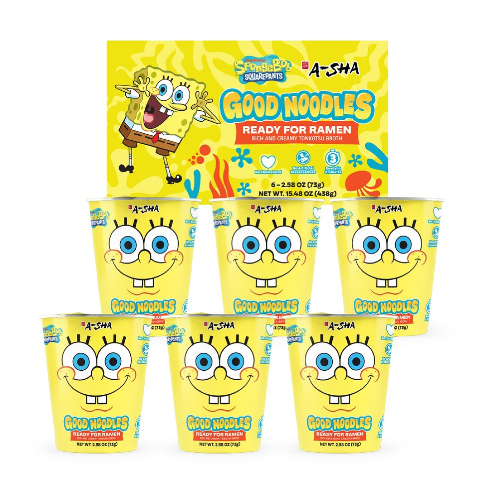 A-Sha & SpongeBob Squarepants Good Noodles (6 Pack) | Ready for Ramen (Mildly Spicy Flavor) | Rich and Creamy Tonkotsu Broth | Better For Your Microwaveable Ramen Soup Mix