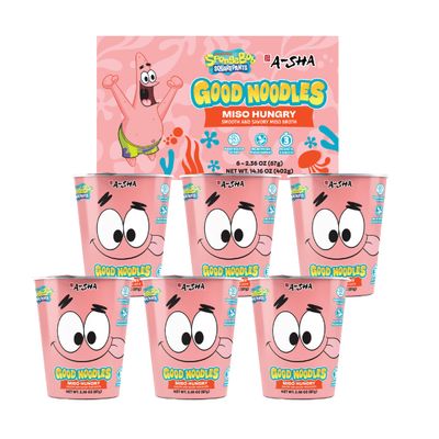 A-Sha & SpongeBob Squarepants Good Noodles (6 Pack) | Patrick Star Miso Hungry Flavor | Better for You Microwavable Instant Ramen Noodles Cup | No MSG, Vegan Friendly | Quick Meal Ready in Minutes