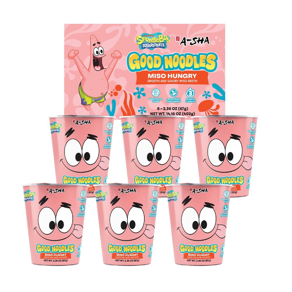 A-Sha & SpongeBob Squarepants Good Noodles (6 Pack) | Patrick Star Miso Hungry Flavor | Better for You Microwavable Instant Ramen Noodles Cup | No MSG, Vegan Friendly | Quick Meal Ready in Minutes