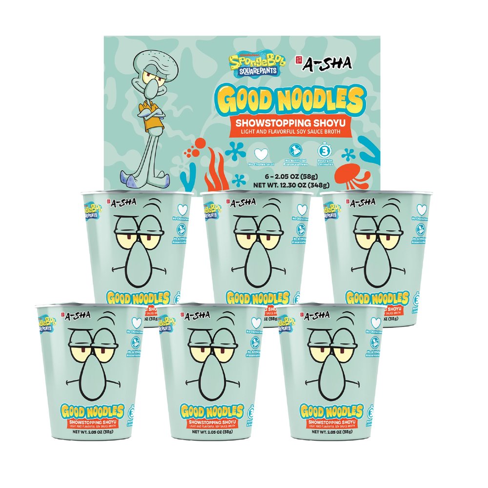 A-Sha & SpongeBob Squarepants Good Noodles (6 Pack) | Squidward Showstopping Shoyu Flavor | Better For You Microwaveable Ramen Soup Mix
