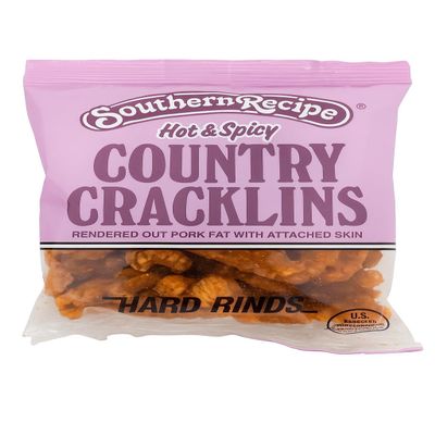 Southern Recipe` Hot & Spicy Country Cracklins Purple Bag, Hard Rinds, Rendered Out Pork Fat with Attached Skin, Riega Snacks (2 Ounce (Pack of 12), Hot & Spicy)