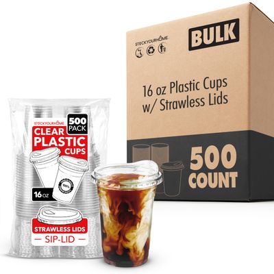 16 oz Clear Plastic Cups with Lids Disposable, Togo Drinking Cup with Strawless Sip Lid for Smoothie, Cold Brew Iced Coffee, Lemonade, Ice Latte, Boba, Party Drinks, Bulk, 16 Ounce (Set of 500)