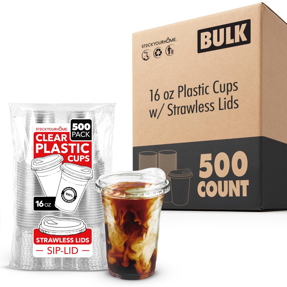 16 oz Clear Plastic Cups with Lids Disposable, Togo Drinking Cup with Strawless Sip Lid for Smoothie, Cold Brew Iced Coffee, Lemonade, Ice Latte, Boba, Party Drinks, Bulk, 16 Ounce (Set of 500)