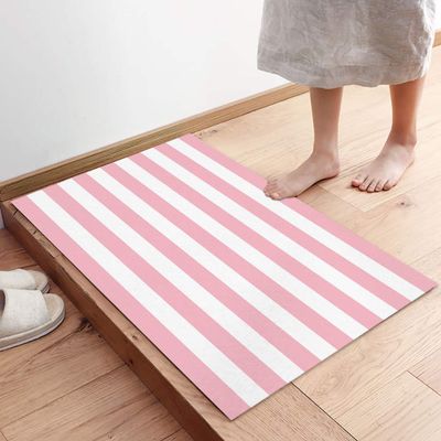 LEQIOLENNG Indoor Door Mat, Pink White Stripe Non Slip Doormat Low Profile Welcome Mat, Classic Geometric Line Soft Entrance Rug for Bedroom Kitchen Bathroom 16"x24"
