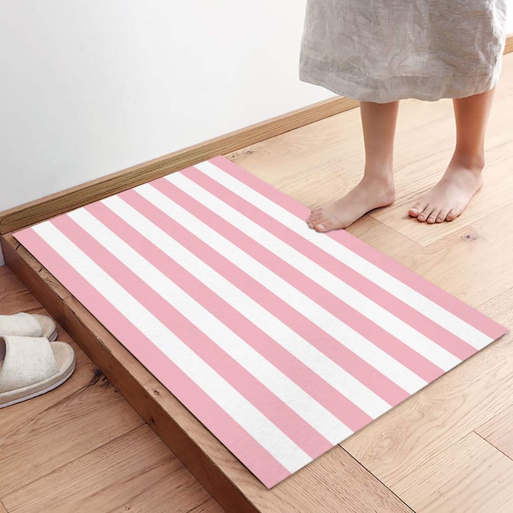 LEQIOLENNG Indoor Door Mat, Pink White Stripe Non Slip Doormat Low Profile Welcome Mat, Classic Geometric Line Soft Entrance Rug for Bedroom Kitchen Bathroom 16"x24"