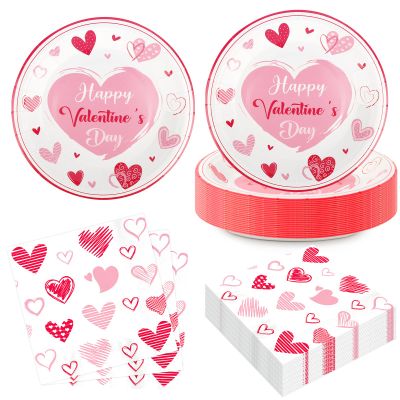 50Pcs Valentine's Day Plates and Napkins Pink Heart Disposable Tableware Galentines Day Plates and Napkins Valentines Day Party Decorations Engagement Wedding Anniversary Party Decorations, Serves 25