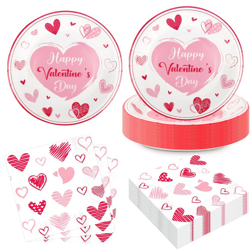 50Pcs Valentine's Day Plates and Napkins Pink Heart Disposable Tableware Galentines Day Plates and Napkins Valentines Day Party Decorations Engagement Wedding Anniversary Party Decorations, Serves 25