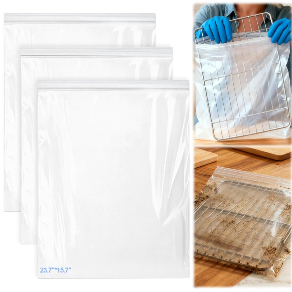 Palksky Oven Rack Cleaning Bags, Heavy Duty No Scrub Oven Rack Cleaning Bags, Reusable Leak-Resistant PE Bags for Deep Soaking Grill Grates, BBQ Racks, No Cleaner Included, 3 Pack(15.7''*23.7'')