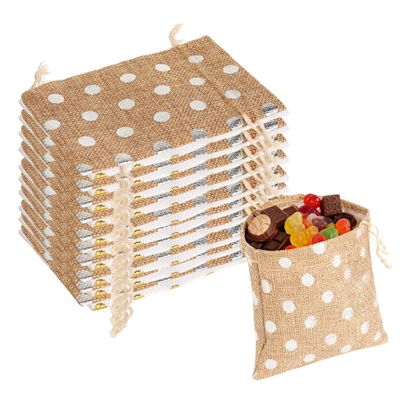 Linkidea 12 Pcs Small Burlap Drawstring Gift Bags, 5.5" x 3.9" Polka Dot Linen Pouches for Party Favors, Candy, Jewelry, Wedding Decorations