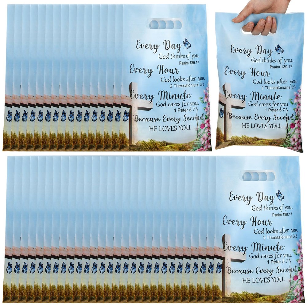 Yinder 100 Pcs Church Gift Bulk Plastic Religious Christian Welcome Treat Bags Goody Bags with Handles Bible Verse Gifts for Women Father's Day Church Party Supplies Party Favor Decoration