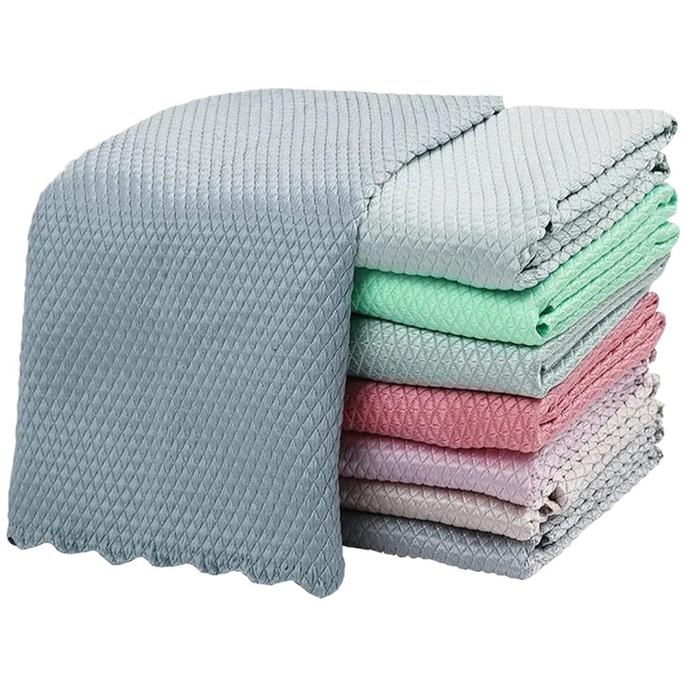 10 Pcs Microfiber Fish Scale Kitchen Cloths - Lint-Free for Dishwashing, Table/Glass Wiping & Polishing(25x25cm Mixed Color)