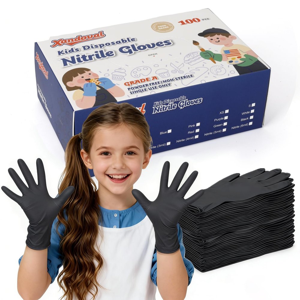 Xandoval Kids Nitrile Gloves for 6-10 Years, 5Mil Black Disposable Gloves for Work, Cleaning, Cooking, Gardening, Painting, Latex-Free and Powder-Free (S,100PCS)