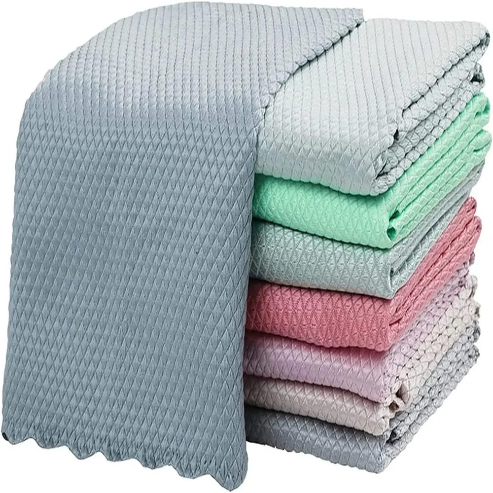 10 Pcs Microfiber Fish Scale Kitchen Cloths - Lint-Free for Dishwashing, Table/Glass Wiping & Polishing(30x40cm Mixed Color)