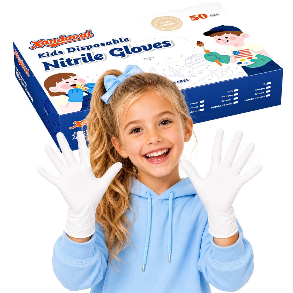 Xandoval Kids Disposable Gloves, 5-Mil Safe White Nitrile, Small, 50Ct