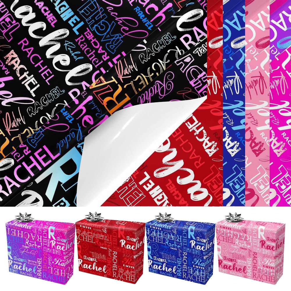 PrintMyWay Personalized Christmas Wrapping Paper with Photo Pink Blue Name Pattern Custom Christmas Face Gift Wrap Paper for Boys Girls Customized Xmas Birthday Wrapping Paper Rolls for Men Women