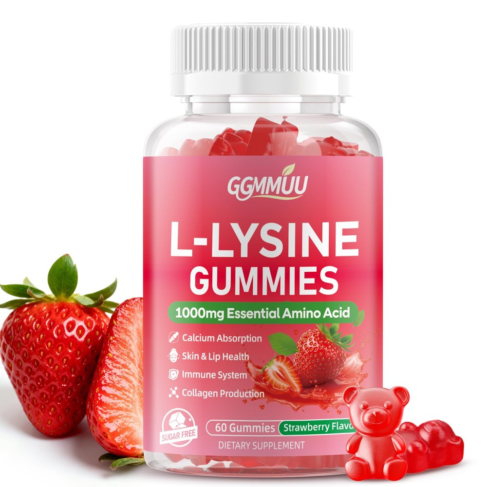 GGMMUU L-Lysine Gummies 1000mg Chewable L-Lysine Supplement for Adults & Kids, Essential Amino Acid Supplement for Lips & Oral Health, Immune Support, Strawberry Flavor, 60 Count