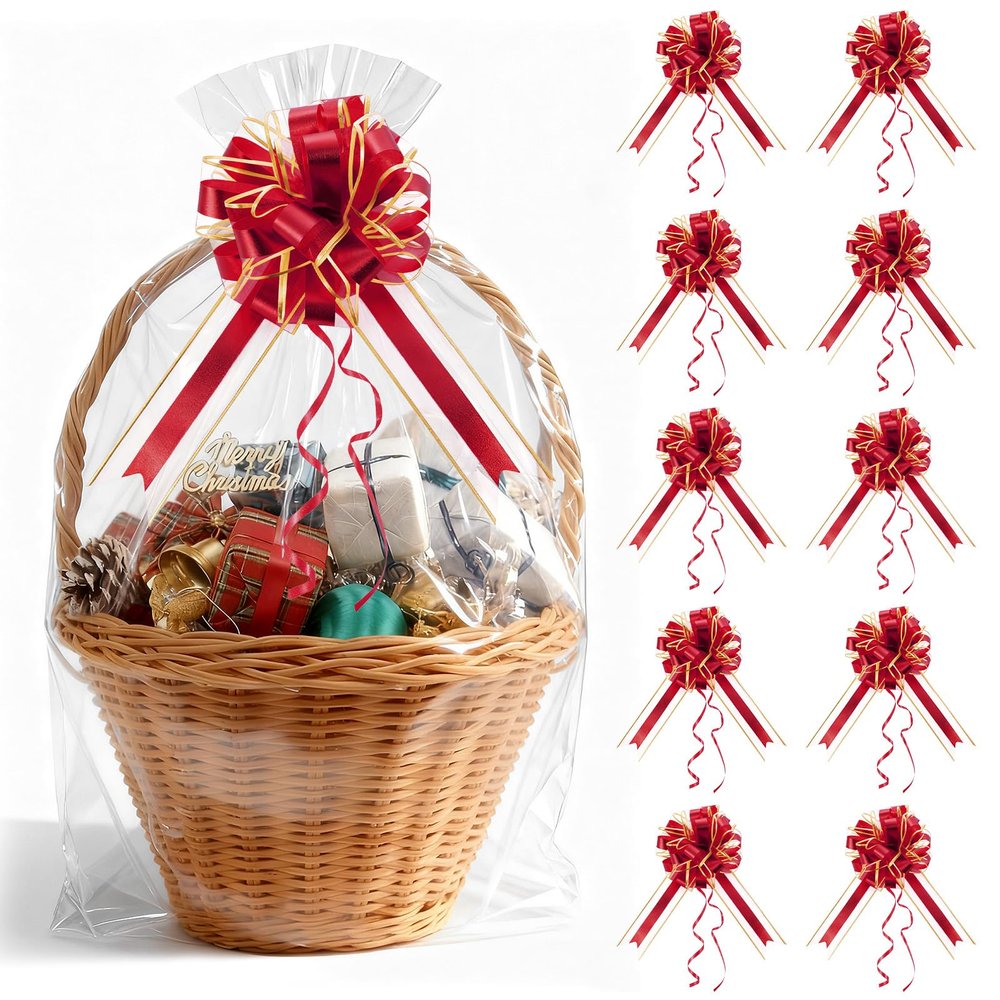 10 Pack Pull Bows,9.5" / 24cm Large Bow for Gift Wrapping,Party Wedding Ribbon Bows for Wrapping Boxes or Flower Decorations, Gift Decorations (Gold/Wine Red)