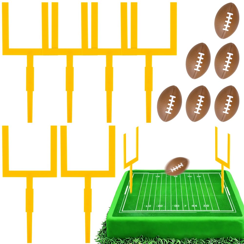 12 Pieces Football Cake Decorations Set with Cake Goal Post Topper Mini Football for Sports Theme Party Decoration Supplies