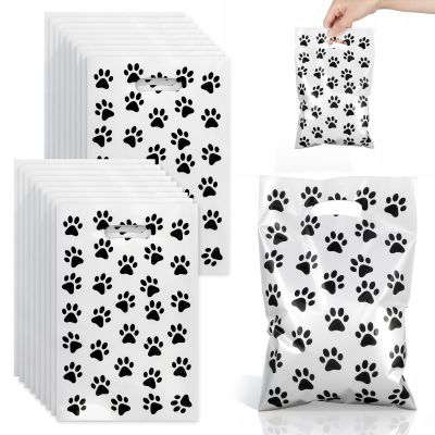 100 Pcs Paw Print Gift Bags, Paw Plastic Bags, Paw-Puppy Plastic Treat Favor Candy Goodie Bag with Handle, Paw-Print Dog Birthday Treat Bag, Pet Theme Party Supplies Decoration ( 9.8x6.5 Inches)