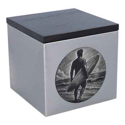 Adult Size Surfer Memorial Urn Stainless Steel with Wood Lid, Engraved Surfer at Shore, Top-Opening, Optional Custom Name Plaque (Plaque/No)