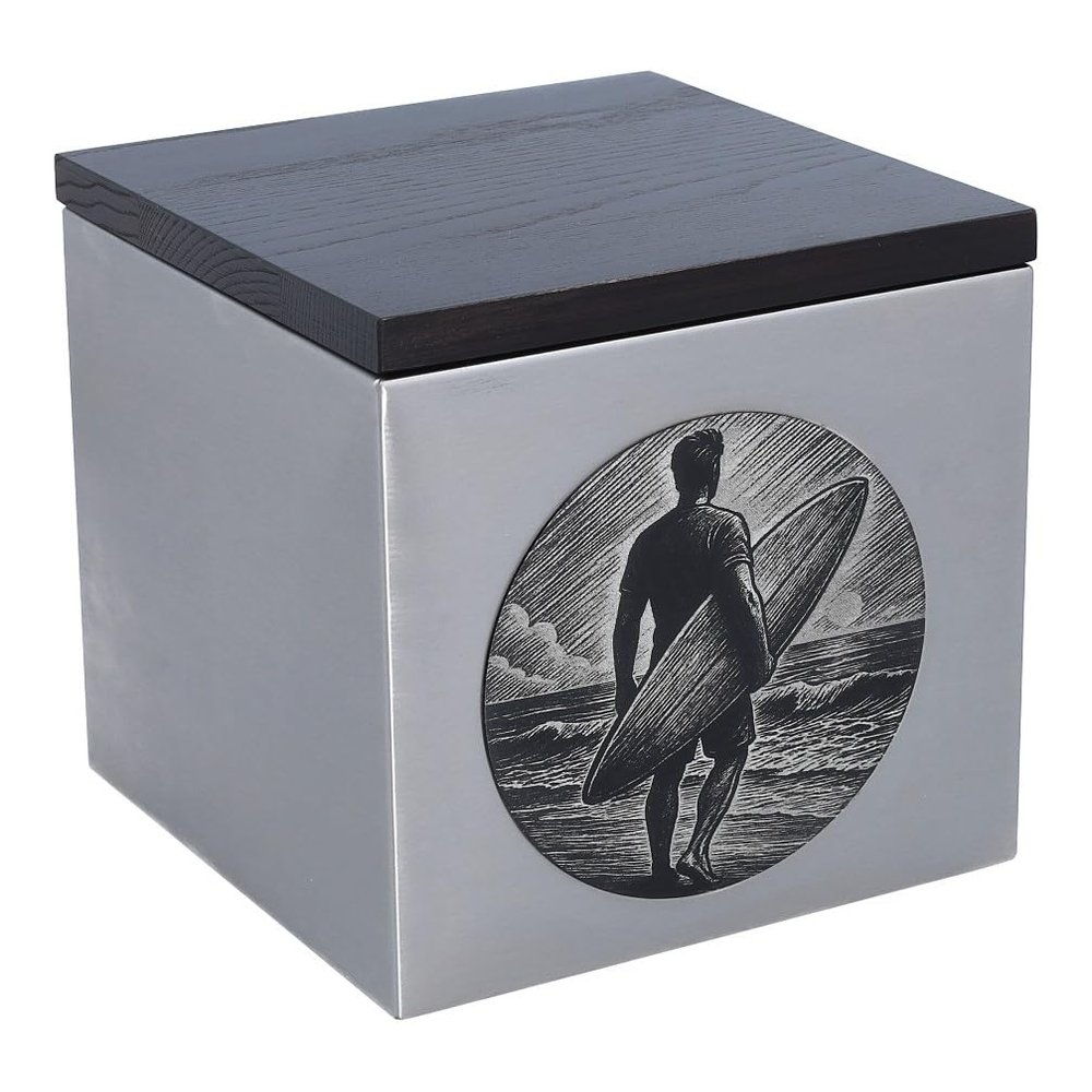 Adult Size Surfer Memorial Urn Stainless Steel with Wood Lid, Engraved Surfer at Shore, Top-Opening, Optional Custom Name Plaque (Plaque/No)