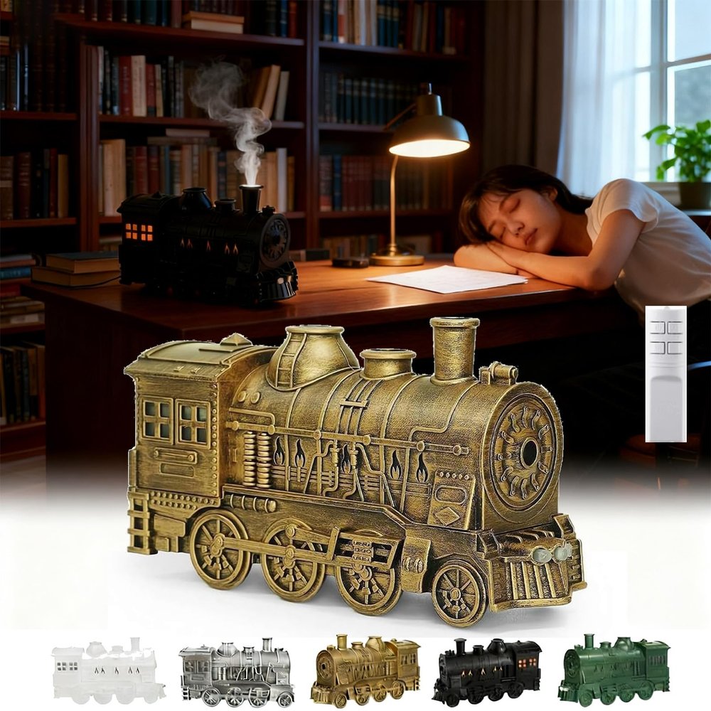 2026 New Train Diffuser, 300ml Train Essential Oil Diffuser Aromatherapy Humidifier with Dual-Color LED Light, Ultrasonic Cool Mist, Quiet Auto Shut-Off Steam for Home & Office (Gold, Remote)