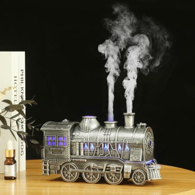300ml Vintage Steam Train Essential Oil Diffuser, Aromatherapy Humidifier with Dual-Color LED Light, Auto Shut-Off, Ultra-Quiet Cool Mist for Bedroom, Office, & Christmas Train Diffuser Decor (Silver)
