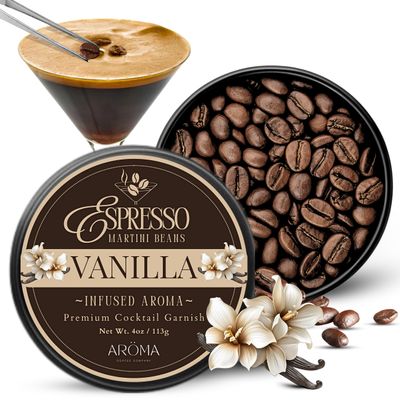 (VANILLA) AROMA ESPRESSO MARTINI VANILLA INFUSED GARNISH FOR COKTAILS 4OZ TIN | WHOLE BEANS FOR COCKTAILS, DESSERTS & MIXOLOGY BARISTA-QUALITY GARNISH FOR ESPRESSO MARTINIS & COFFEE DRINKS | (SYMBOL OF HEALTH, WEALTH & HAPPINESS) | EDIBLE DARK RO