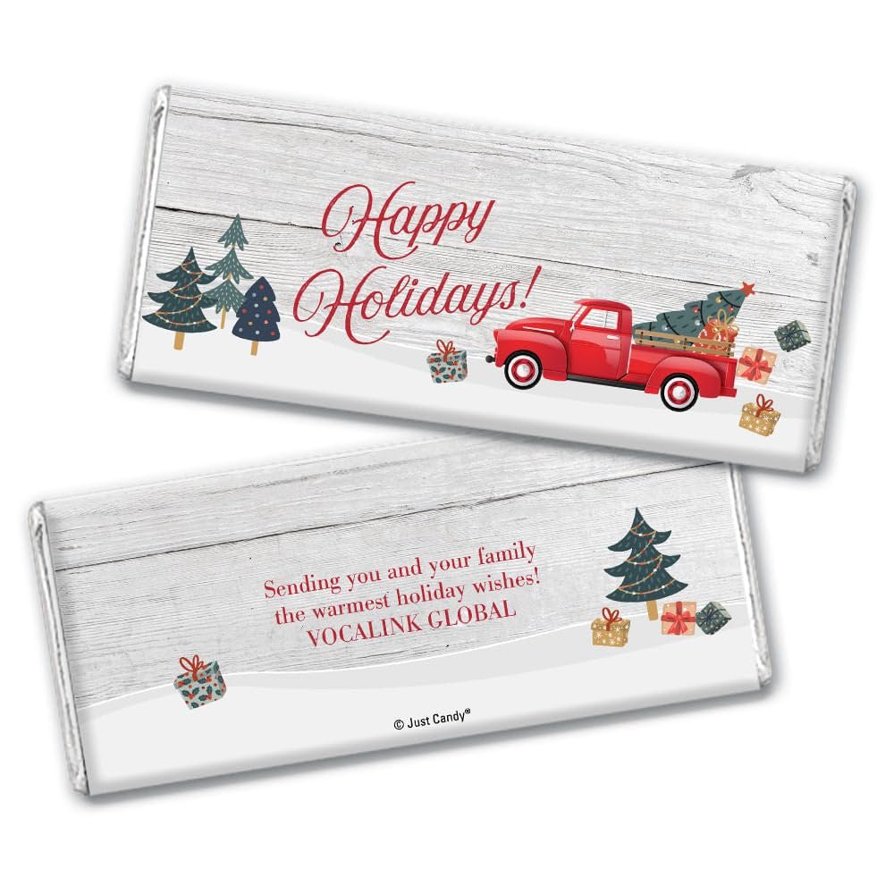 100 Pack Personalized Happy Holidays Chocolate Bar Wrappers For DIY Holiday Party Favors, Stocking Stuffers, Seasonal Giveaways, Festive Christmas Gifts & More (Candy Not Included) - Red Truck