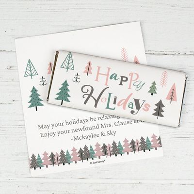 100 Pack Personalized Happy Holidays Chocolate Bar Wrappers For DIY Holiday Party Favors, Stocking Stuffers, Festive Giveaways, Christmas Gifting & More (Candy Not Included) - Trees