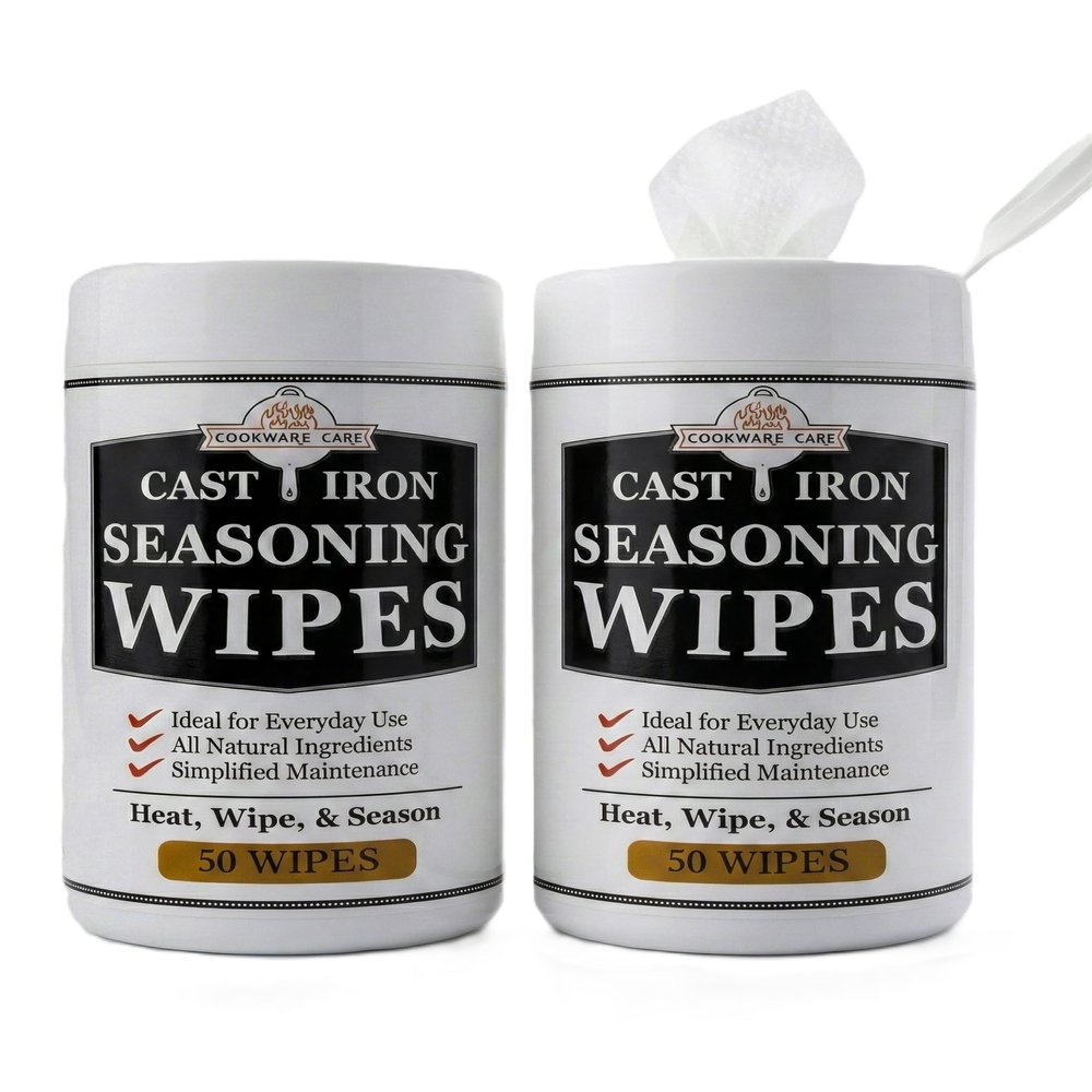 Cookware Care Cast Iron Seasoning Oil Wipes, 100 Wipes, Made in USA with Grapeseed Oil for Cast Iron Skillet, Blackstone Griddle (2 pack)