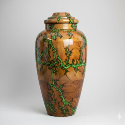 Artisan Wooden Cremation Urn, Rosewood with Green Lichtenberg Pattern Resin Inlay, Memorial Ash Container (Large - 200 Cu/in)